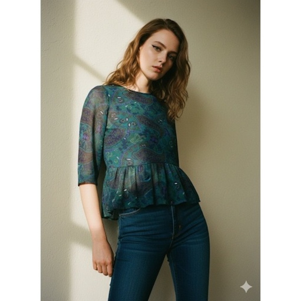 Womens Teal Paisley Sheer Peplum Blouse XS Open Back 3/4 Sleeve Boho whimsigoth